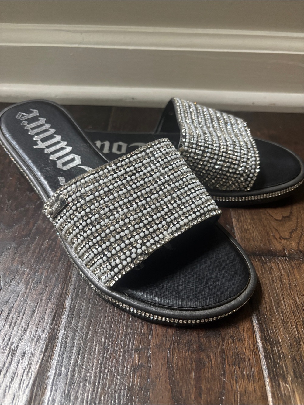 Juicy Couture Rhinestone Embellished Black and Silver Slide Sandals